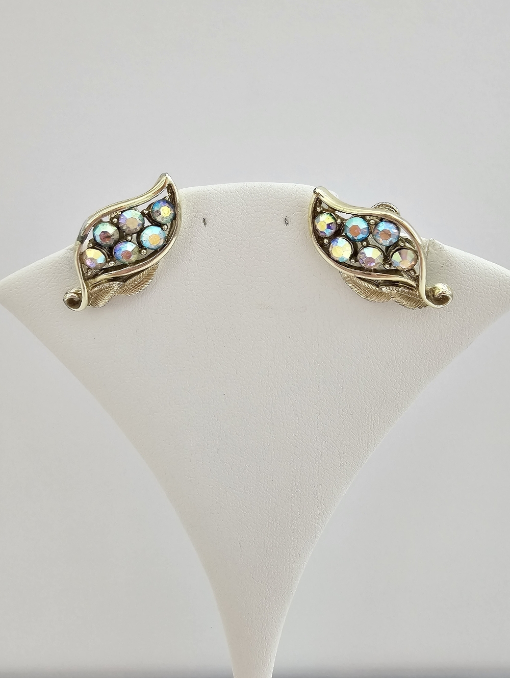 Vintage Coro Aurora Borealis Rhinestone Leaf Screwback Earrings, Gold-Tone